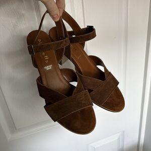 MARIELLA MADE IN ITALY BROWN WOVEN LEATHER CHUNKY HEEL SANDALS 8 Anthropologie